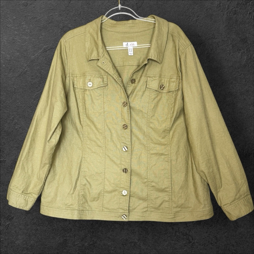 Denim & Co Women's Jacket Size 1X Olive Green Linen Blend‎ A353979 Jean Summer